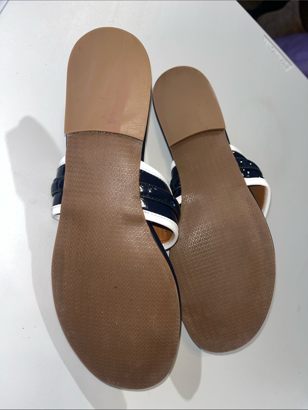 J. McLaughlin Navy Patent Leather Thong Sandals with White Trim - Picture 11 of 13